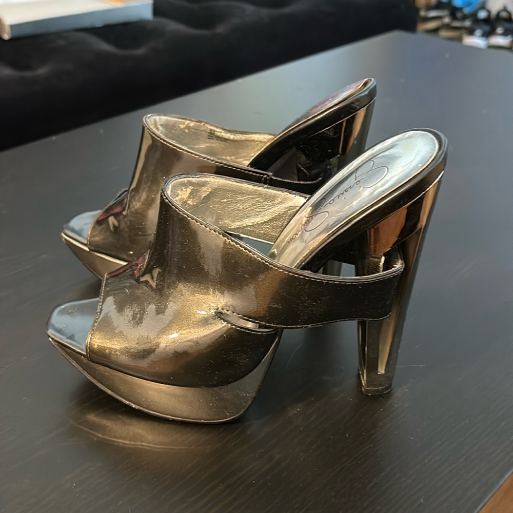 Jessica Simpson chrome platform sling back shoes.